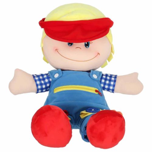 Plüss fejlesztő öltöztetős puha baba öltözködés tanulásához, fiú