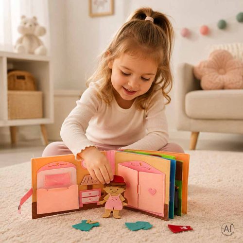 Montessori Csendeskönyv és 3D Filc Babaház, tépőzáras Oktatójáték
