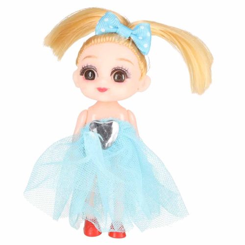 Mini játékbaba készlet babaházhoz,  kislány babák színes ruhában 4 darabos készlet, 11 cm