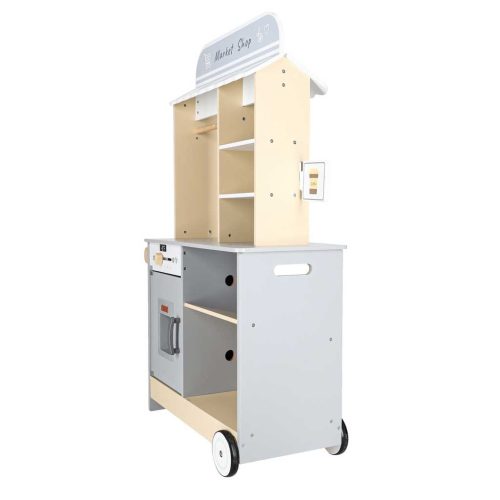 Multifunkciós 2 az 1 ben Fa Gyerekkonyha és Piaci stand krétatáblával, tartozékokkal, 105 cm, Szürke, fehér