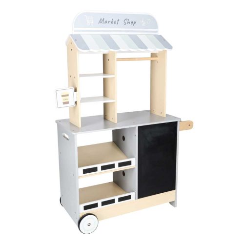 Multifunkciós 2 az 1 ben Fa Gyerekkonyha és Piaci stand krétatáblával, tartozékokkal, 105 cm, Szürke, fehér