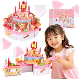   Háromszintes tépőzáras születésnapi torta játékkészlet, hangokkal, fényekkel, kiegészítőkkel, 75 darabos, rózsaszín