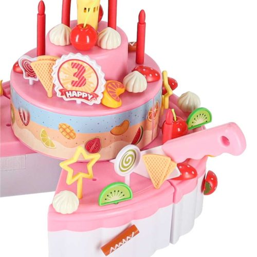 Háromszintes tépőzáras születésnapi torta játékkészlet, hangokkal, fényekkel, kiegészítőkkel, 75 darabos, rózsaszín