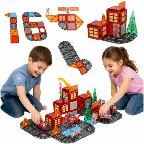   Mágneses építő játékszett 3D tűzoltóság, 2 autóval, 92 darab