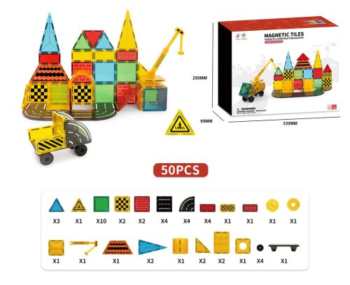 Mágneses építőjáték szett, 50 darabos kreatív 3D készlet, Építkezés széria daruval és teherautóval