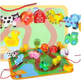   Fából készült fűző fejlesztő játék gyerekeknek, farm állatok 14 db