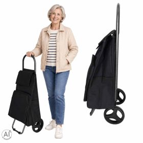   Hőszigetelt gurulós bevásárlótáska, bevásárlókocsi zsebbel, 95 cm, fekete