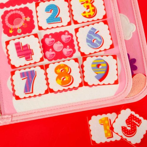 Montessori manipulatív 2 az 1 ben lapozható fejlesztő könyv, hátizsák, rózsaszínű hercegnők