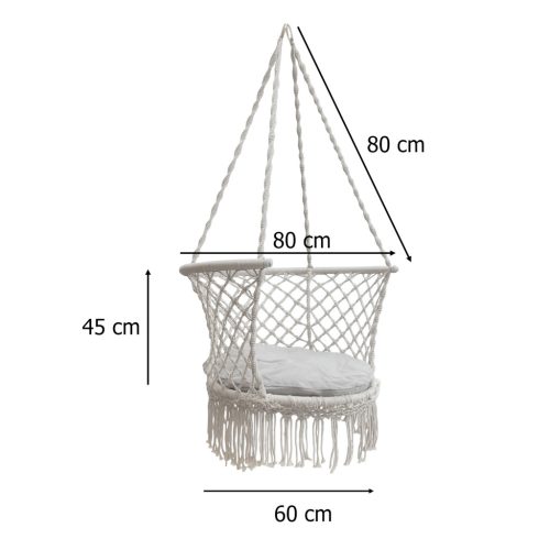Boho stílusú gólyafészek hintaszék  háttámlával szürke, 80 cm ,150 kg