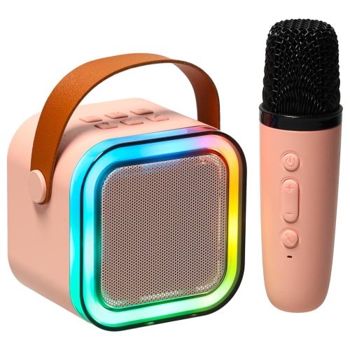 Mini Karaoke Szett – Hordozható Bluetooth Hangszóró és Vezeték Nélküli Mikrofon RGB LED Fénnyel, rózsaszín