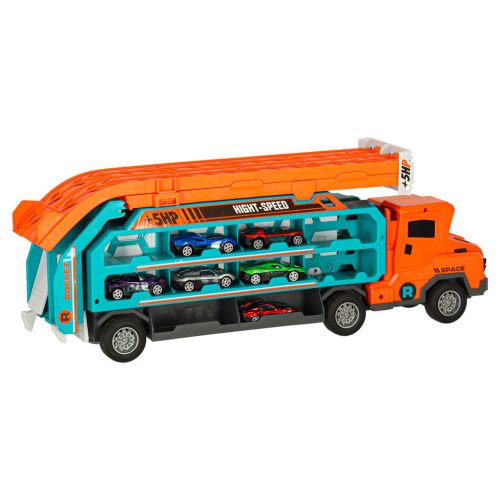 Versenypályává alakítható szállító kamion 6 kisautóval narancssárga