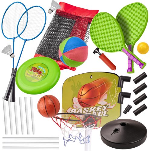 Sportkészlet 5 az 1 ben játékszett tollaslabda, kosárlabda, röplabda, tenisz, frizbi