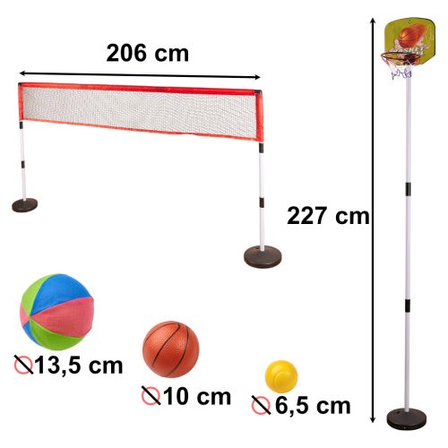 Sportkészlet 5 az 1 ben játékszett tollaslabda, kosárlabda, röplabda, tenisz, frizbi