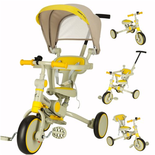 TRIKE FIX V4 tricikli gyerekeknek árnyékoló tetővel, tolókarral, sárga-szürke
