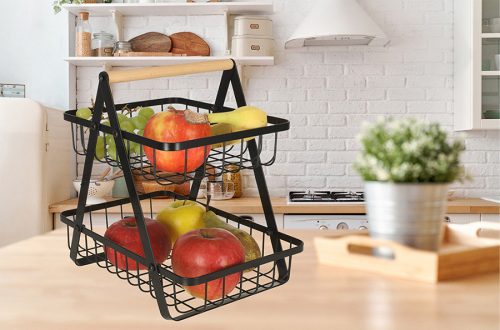 Kétszintes fém gyümölcskosár fa fogantyúval – Loft stílusú konyhai tároló