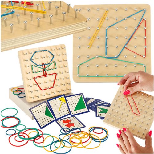 Geoboard fa kirakós formák létrehozása gumiszalagokkal