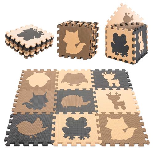 Habszivacs puzzle szőnyeg gyerekeknek 9 db bézs, barna, fekete, 85cm x 85cm x 1cm