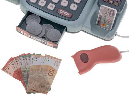 Pénztárgép bevásárló kosár terminál, Játékpénzzel, termékekkel 