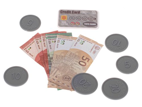 Pénztárgép bevásárló kosár terminál, Játékpénzzel, termékekkel 