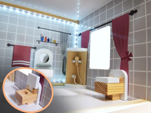 MDF fából készült babaház + bútor 78cm fekete LED világítással