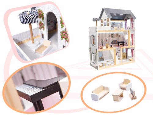 MDF fából készült babaház + bútor 78cm fekete LED világítással