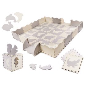   Habszivacs játszószőnyeg és puzzle játszókeret, 36 db-os, kivehető állatokkal – Szürke/Ekrü