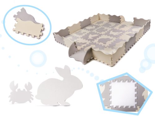 Habszivacs játszószőnyeg és puzzle játszókeret, 36 db-os, kivehető állatokkal – Szürke/Ekrü