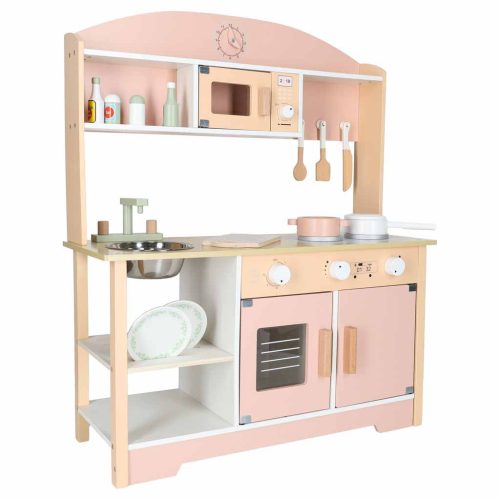 Modern fa játékkonyha, edényekkel, kiegészítőkkel, 82 cm, rózsaszín