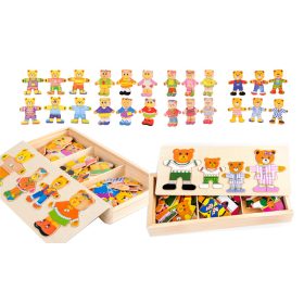   Fa öltöztethető macicsalád puzzle, 72 db-os készlet, fa tárolódobozzal