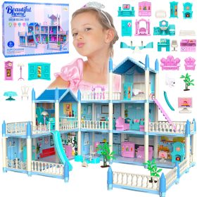   Műanyag hercegnő villa babaház – 3 emelet, 6 szoba, bútorok és kutyus figura, kék