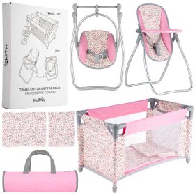   MalPlay Pink Flowers játékbaba kiegészítő készlet: utazóágy, hinta és etetőszék