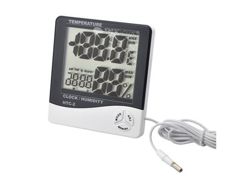 LCD digitális hőmérő és páratartalom-mérő kültéri szondával, órával és riasztással