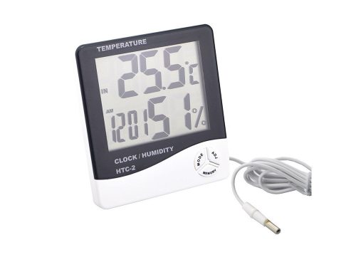 LCD digitális hőmérő és páratartalom-mérő kültéri szondával, órával és riasztással