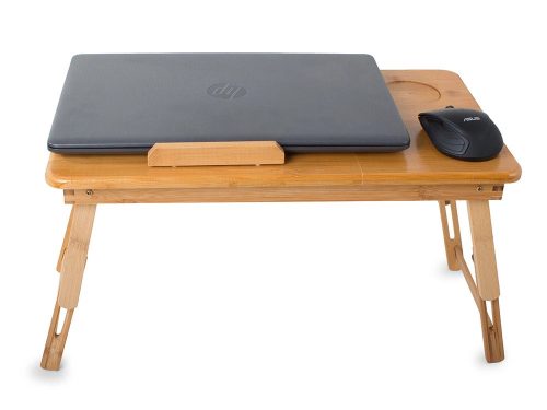Univerzális állítható bambusz laptop tálca állvány pohártartóval, fiókkal