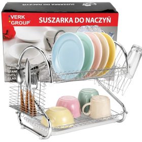   Kétszintes konyhai edénycsepegtető állvány pohártartóval, tálcával, ezüst