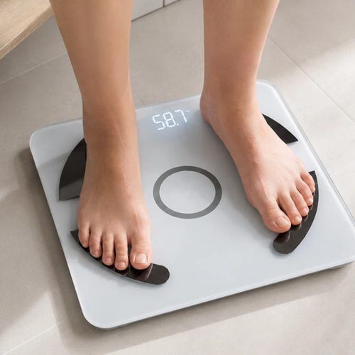 Analitikus üveg fürdőszoba mérleg bluetooth, 180kg teherbírás, alkalmazás, fehér