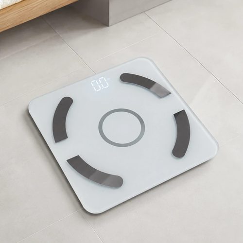 Analitikus üveg fürdőszoba mérleg bluetooth, 180kg teherbírás, alkalmazás, fehér