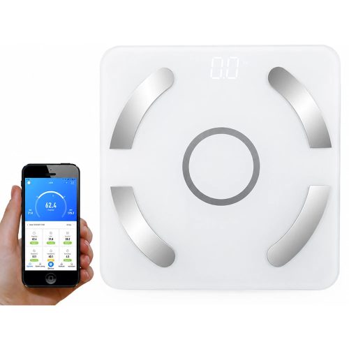 Analitikus üveg fürdőszoba mérleg bluetooth, 180kg teherbírás, alkalmazás, fehér