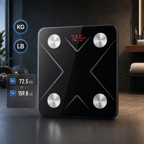 Edzett üveg okos fürdőszoba mérleg bluetooth Lcd kijelzővel, applikációval