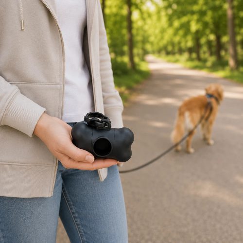 Kutyakakizacskó tartó adagoló zacskókkal, rögzítő karabínerrel
