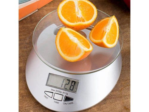 Elektronikus edzett üveg konyhai mérleg 5kg / 1g, óra funkció