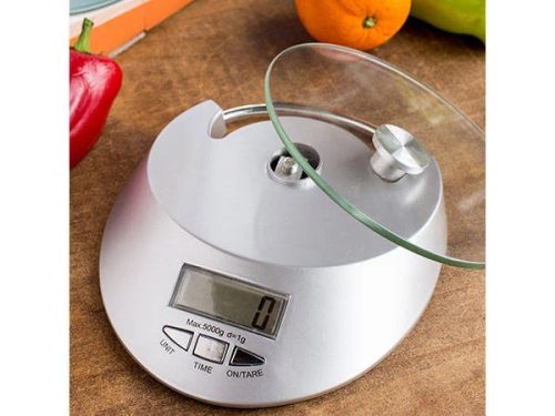 Elektronikus edzett üveg konyhai mérleg 5kg / 1g, óra funkció