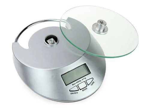 Elektronikus edzett üveg konyhai mérleg 5kg / 1g, óra funkció