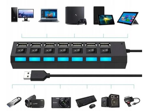 Kapcsolható USB Elosztó LED fénnyel, 7 portos, usb 2.0