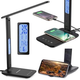   Érintőgombos LED Asztali Lámpa Vezeték Nélküli Telefontöltővel, Ébresztőórával és Állítható Fényerővel