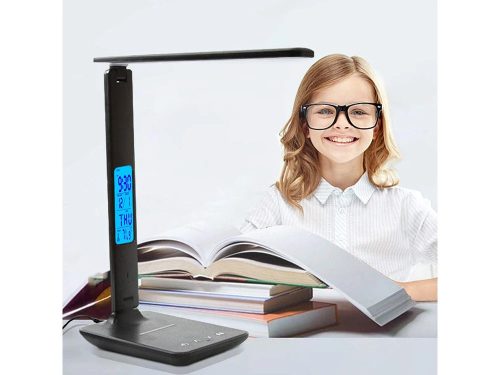 Érintőgombos LED Asztali Lámpa Vezeték Nélküli Telefontöltővel, Ébresztőórával és Állítható Fényerővel