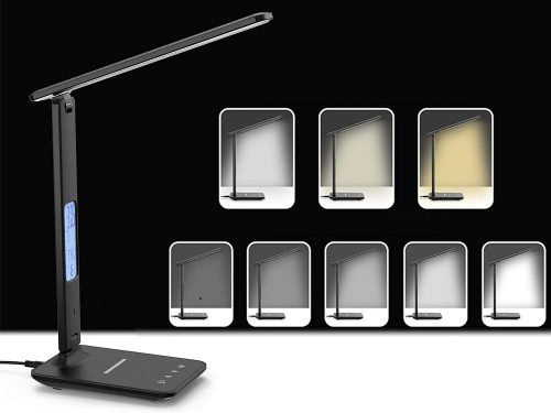 Érintőgombos LED Asztali Lámpa Vezeték Nélküli Telefontöltővel, Ébresztőórával és Állítható Fényerővel