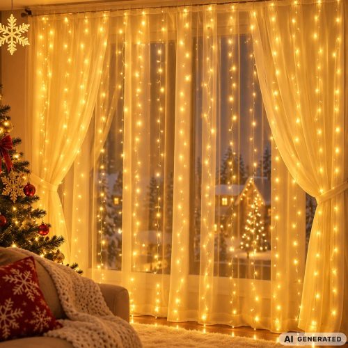 LED Fényfüggöny 3x3 m távirányítóval – Meleg Fehér, USB