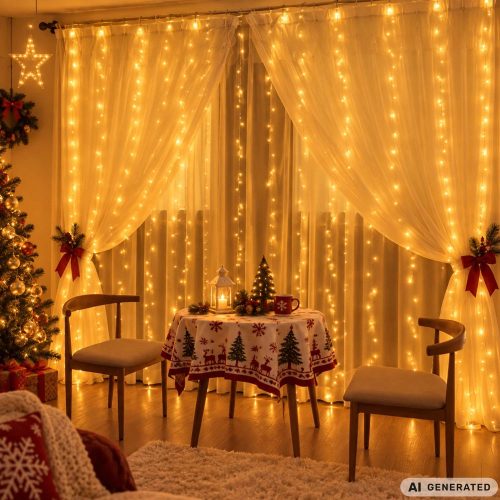 LED Fényfüggöny 3x3 m távirányítóval – Meleg Fehér, USB