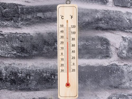 Hagyományos fa szobahőmérő – Fali kivitel, Celsius és Fahrenheit skálával
